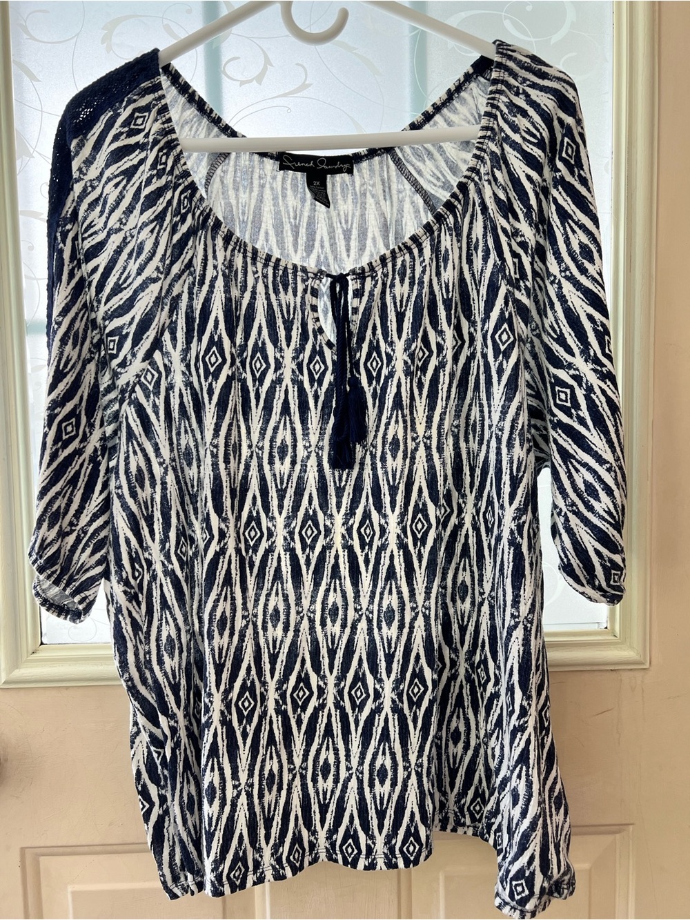 French Laundry 2x peasant top blue and white Ikat geometric pattern top.
